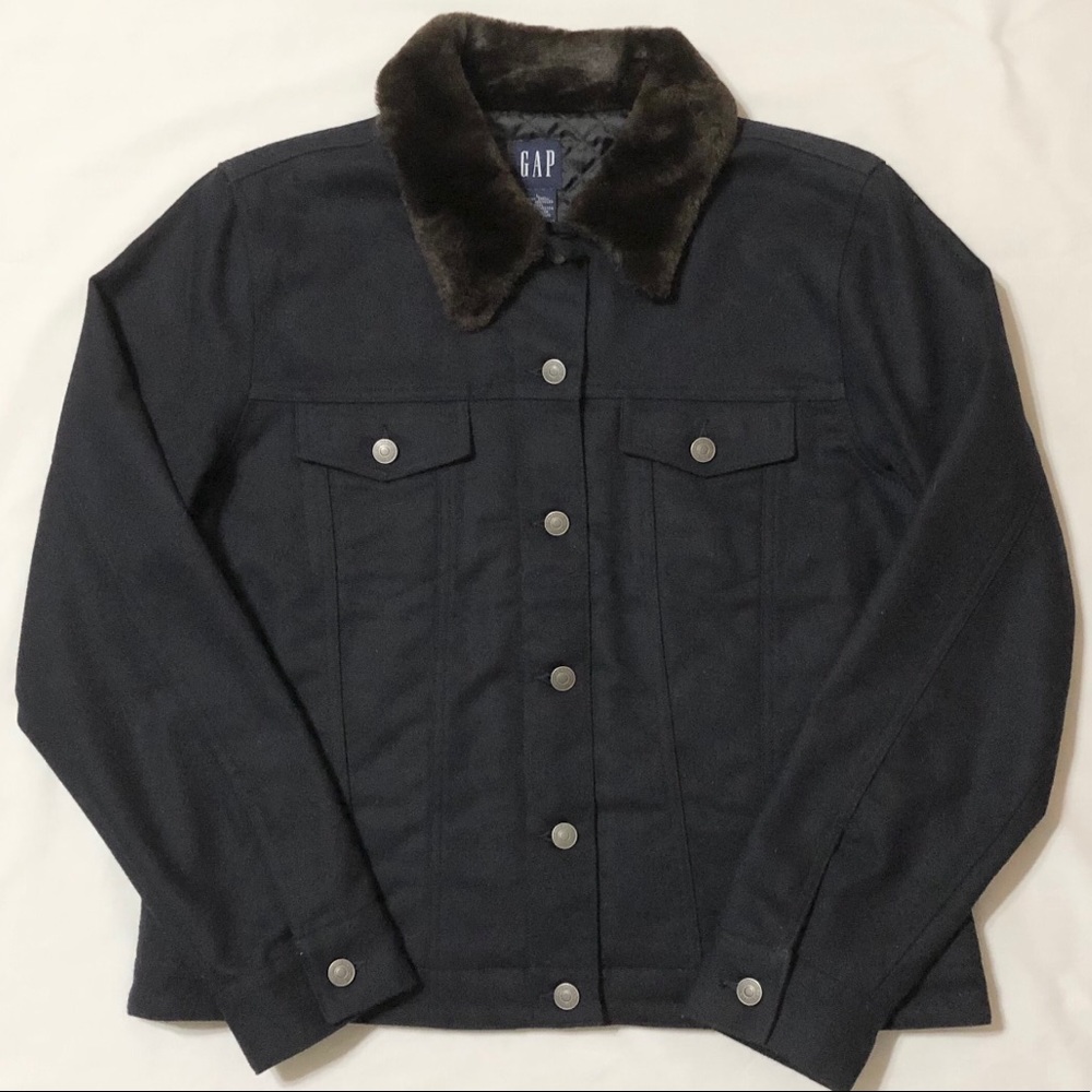 NWT - Gap Women’s Navy Wool Jacket w/Fur Collar- L - Picture 3 of 13
